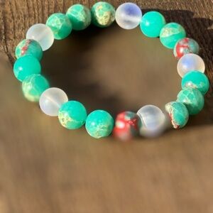 Green and Red Turquoise with clear quartz Beaded Bracelet